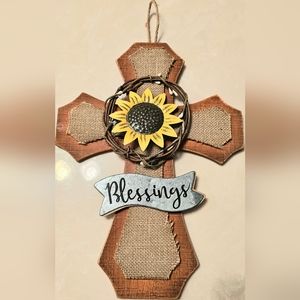 Wood Sign Sunflower Wall Burlap Cross Handmade Inspirational Blessings Crown
